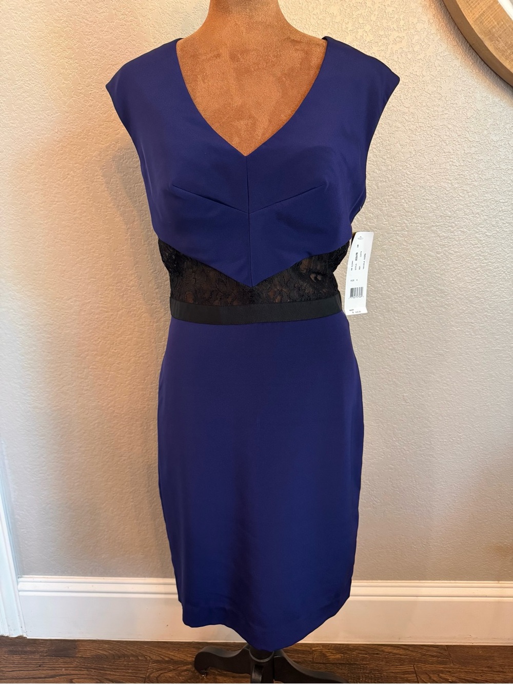 Nicole Miller NWT Silk Cobalt Blue Black Lace Sheath Dress Size 6 $420